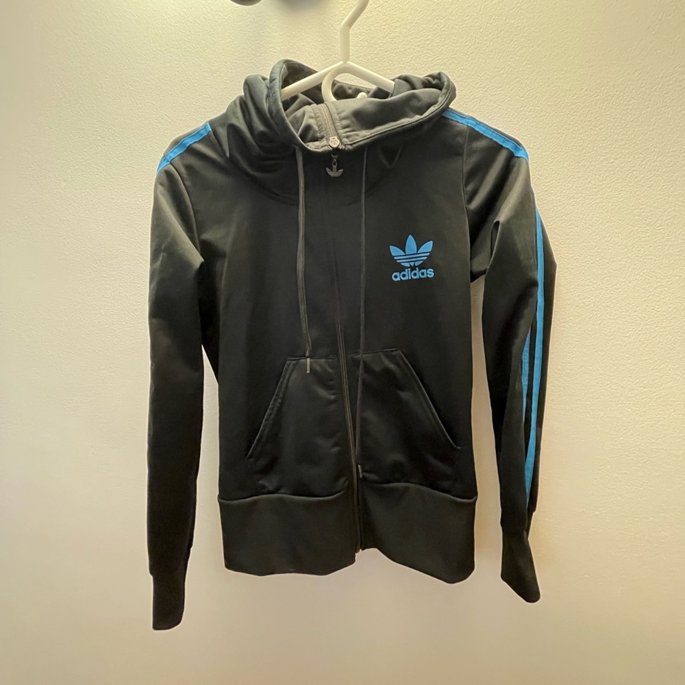 Y2K Adidas Black Zip-Up Funnel Neck Jacket with Blue Accents